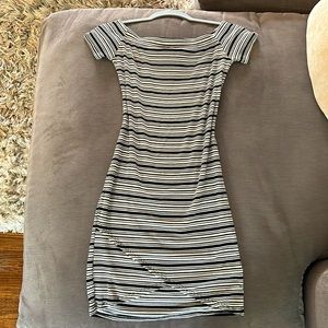 Striped off the shoulder, mini dress
